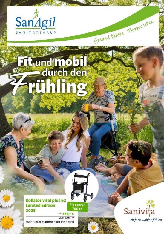 Titelseite des Frühlingsprospekts 2025 von SanAgil mit Frühlingsrabatten